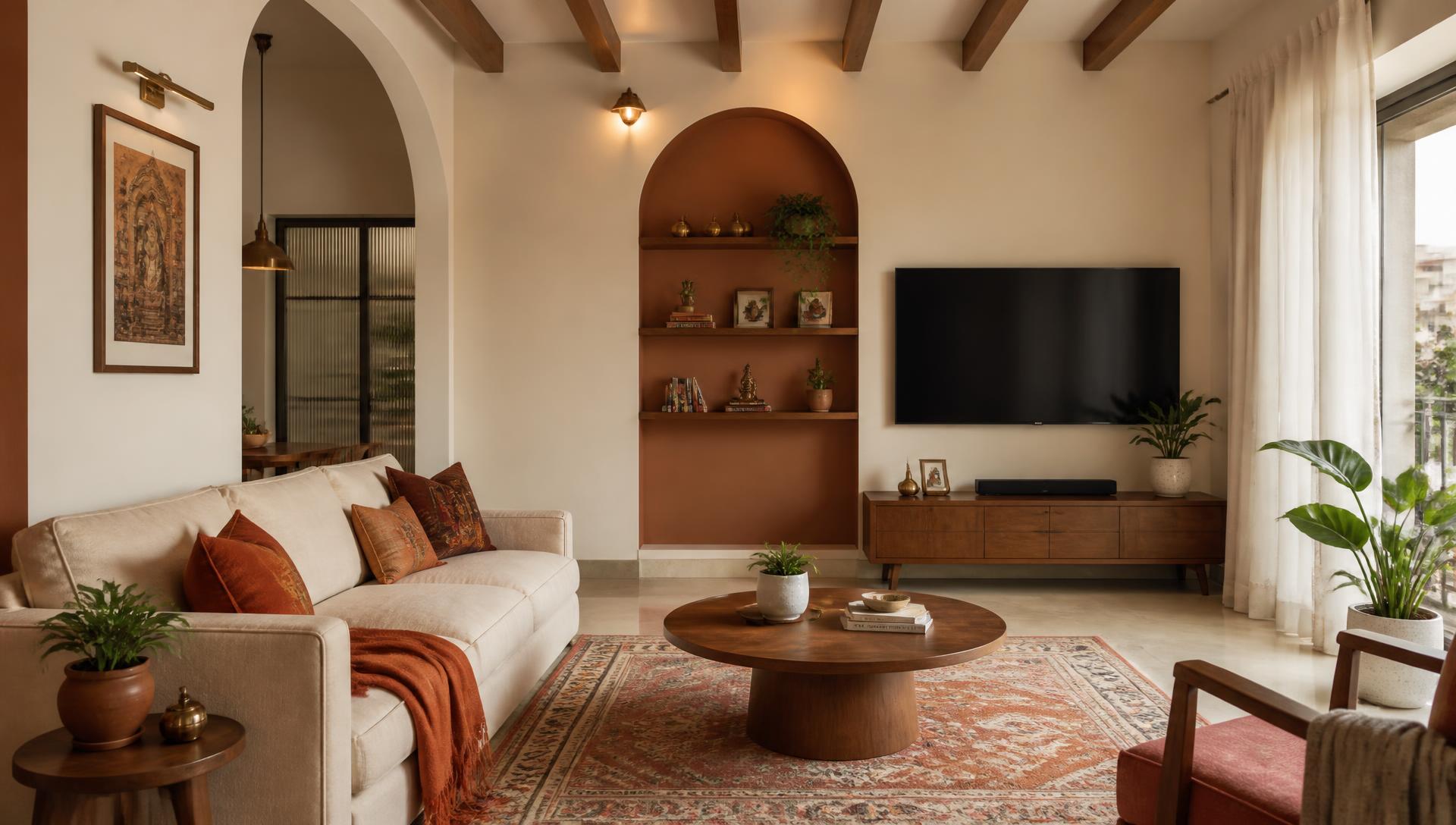 Warm modern living room with arched niche and wooden beams
